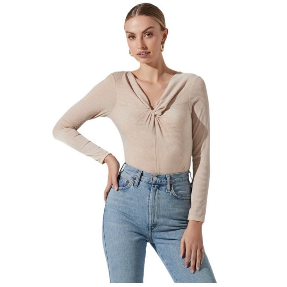 Astr the label  Reese metallic twist front bodysuit beige silver size medium